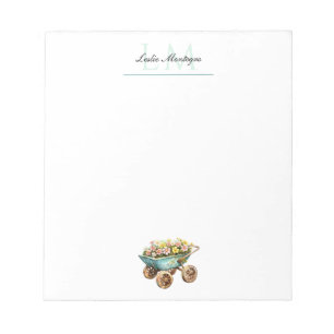 Garden Lover's Wheelbarrow Floral Monogram Notizblock