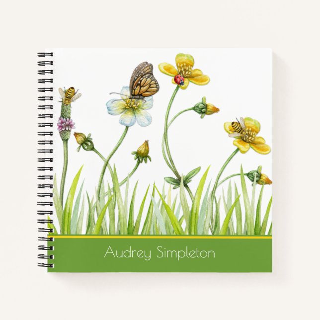 Garden Meadow Blume Butterfly Bees Square Notizbuch (Vorderseite)