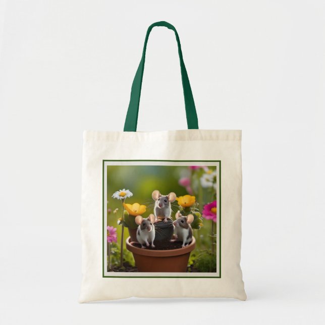 "Garden Mischief: Drei Mäuse in Blume Pots" Tragetasche (Vorne)