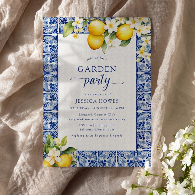 Garden Party Blue & Lemons Brautparty Einladung (Von Creator hochgeladen)