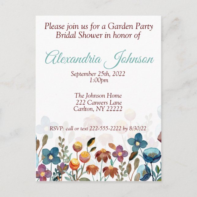 Garden Party Bridal Dusche Einladung Budget Postkarte (Vorderseite)