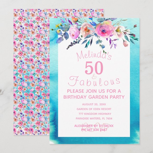 Garden Party Custom 50 und fabelhaft 50. Geburtsta Einladung (Vorne/Hinten)