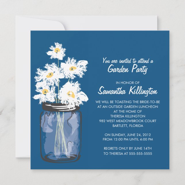 Garden Party Mason Jar & White Daisies Einladung (Vorderseite)