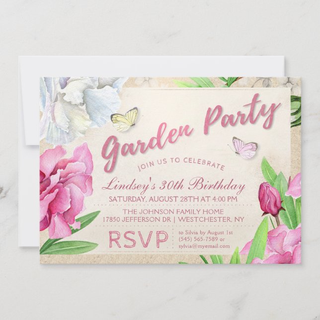 Garden Party Rosa Blüte mit Schmetterlingen Einlad Einladung (Vorderseite)