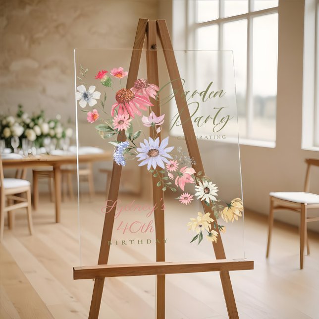 Garden Party Wasserfarbene Wildblume Florenz Gebur Acrylschild (Garden Party Watercolor Wildflower Floral Birthday Acrylic Sign)