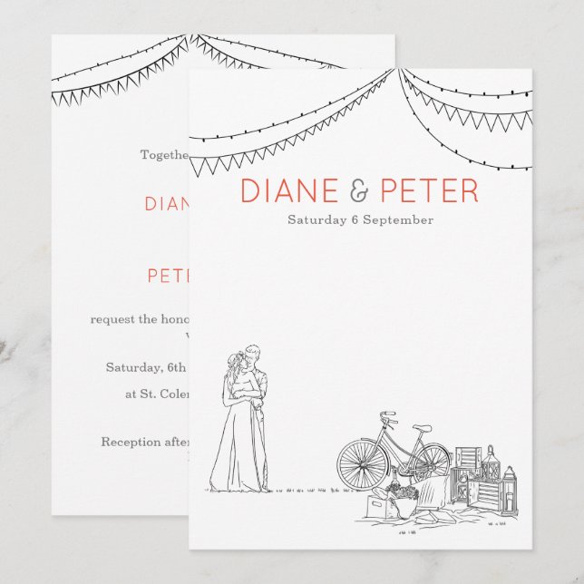 Garden Picnic Minimalistisch Black and White Weddi Einladung (Vorne/Hinten)