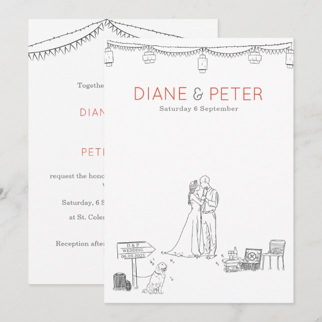 Garden Picnic Minimalistisch Black and White Weddi Einladung (Vorne/Hinten)
