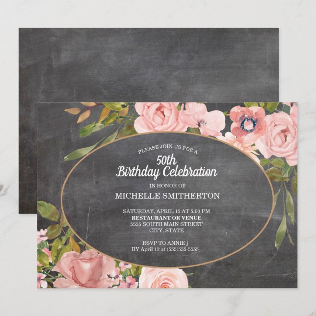 Garden Pink Floral Chalkboard 50. Geburtstag Einladung (Vorne/Hinten)