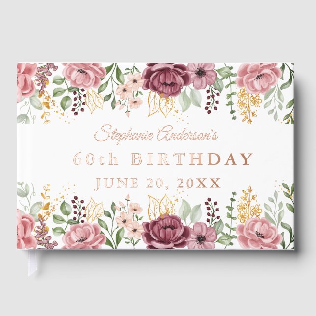 Garden Pink Summer Rose  Floral 60th Birthday Foil Gästebuch (Vorderseite)