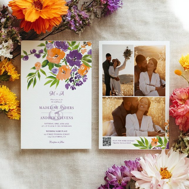 Garden Purple Orange Floral photos Qr code wedding Einladung (Garden Purple Orange Floral photos Qr code wedding Invitation)