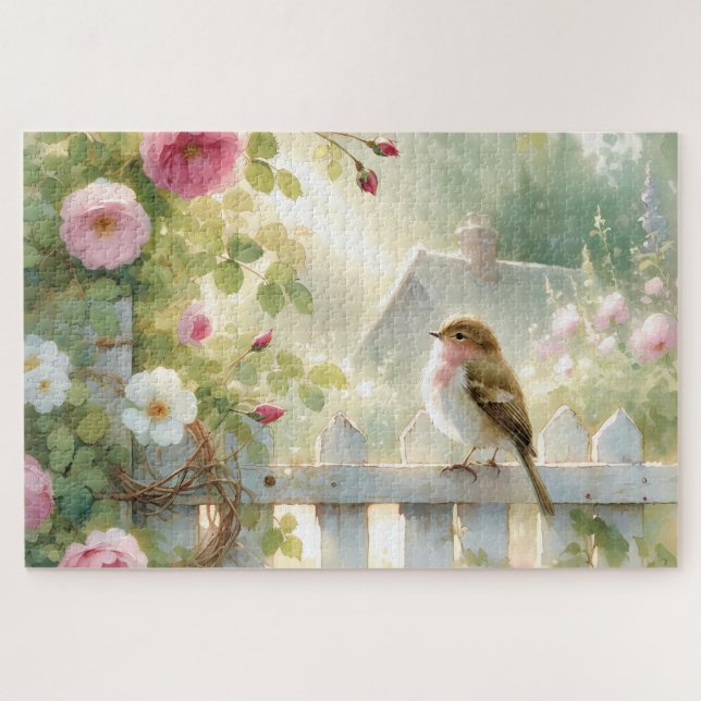 Garden Rose Bird Watercolor Scene (Horizontal)