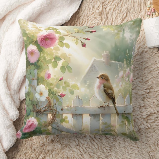 Garden Rose Bird Watercolor Scene Kissen (Decke)