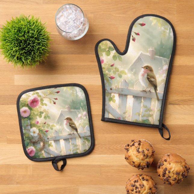 Garden Rose Bird Watercolor Scene Ofenhandschuh & Topflappen-Set (Oben Unten)