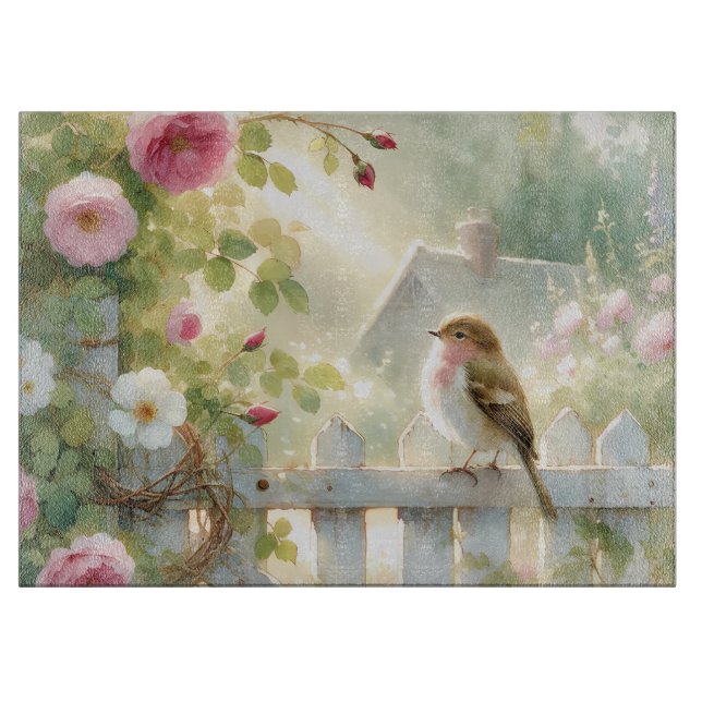 Garden Rose Bird Watercolor Scene Schneidebrett (Vorderseite)