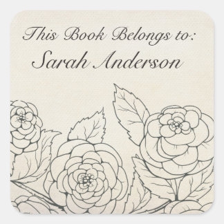 Garden Rose Blumenplatte Dieses Buch gehört Quadratischer Aufkleber