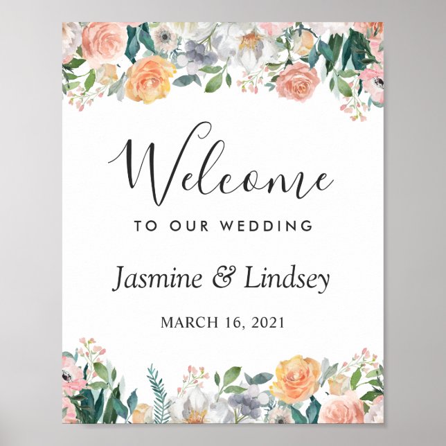 Garden Rose Peonies Floral Wedding Willkommenszeic Poster (Vorne)