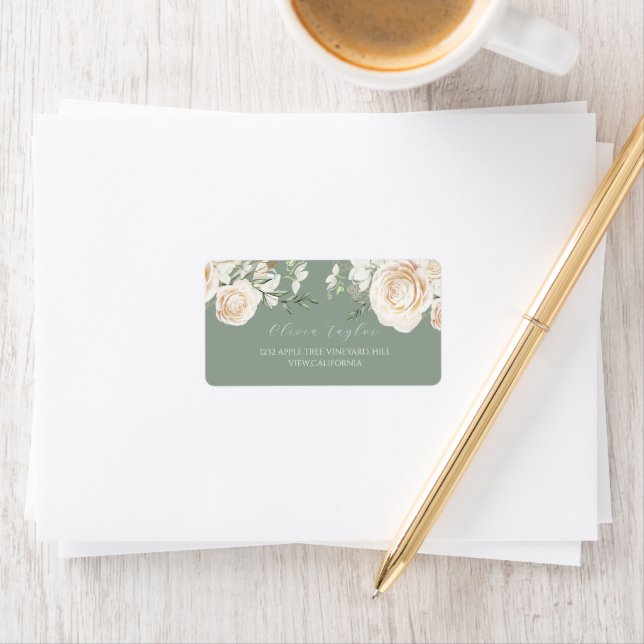 Garden Roses Floral Sage Green Wedding  Adressaufkleber (Insitu)