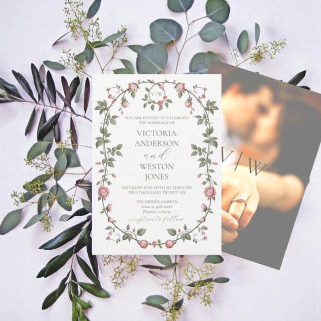 Garden Sage Green Mariage Photo Invitation (Garden Sage Wedding Invitation With Monogram and Photo)