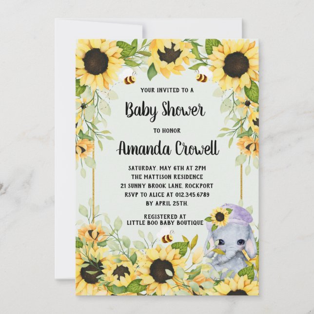 Garden Sonnenblumen Elephant Boy Baby Dusche Einladung (Vorderseite)