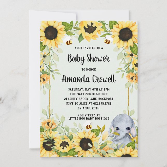 Garden Sonnenblumen Elephant Neutral Baby Dusche Einladung (Vorderseite)