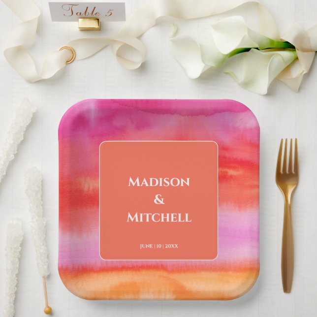 Garden Sunrise Pink Orange Hochzeit Pappteller (Hochzeit)