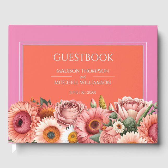 Garden Sunrise Pink Orange Moderne Blumenhochzeit Gästebuch (Vorderseite)