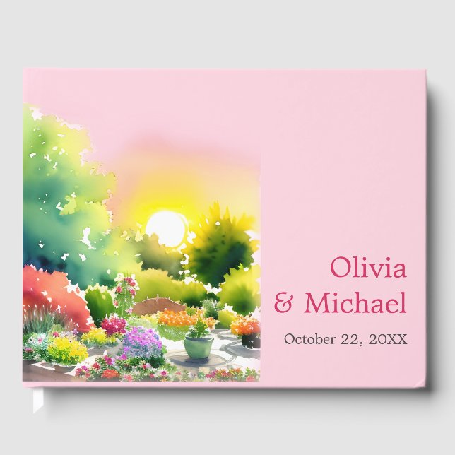 Garden Sunrise Wasserfarbe Blumenfarben Hochzeitsf Gästebuch (Vorderseite)