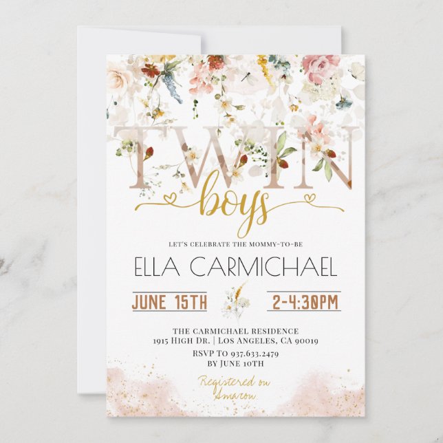 Garden Twins Boys Baby shower Invitation (Devant)