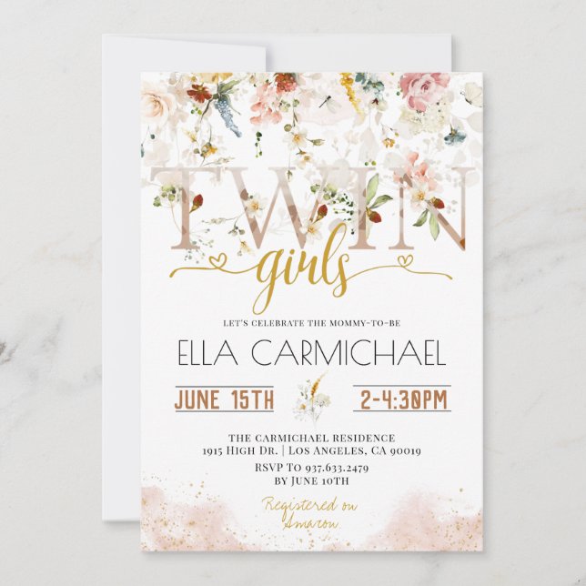 Garden Twins Girls Baby shower Invitation (Devant)