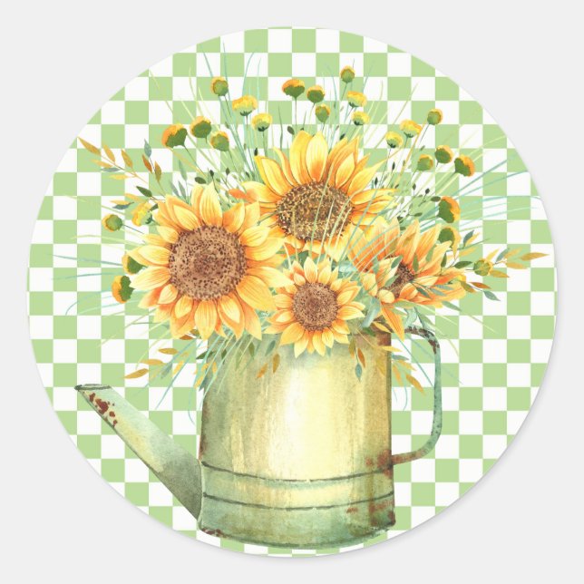 Garden Watering Can Sonnenblumen Runder Aufkleber (Vorderseite)