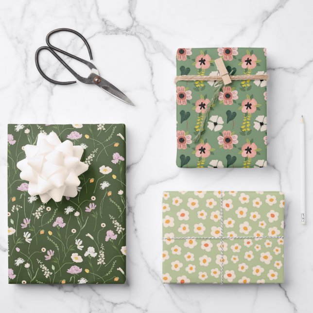 Garden Whimsy Green 3 Geschenkpapier Set (Vorderseite)