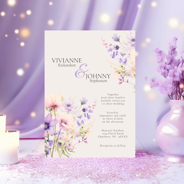 Garden Wildblumen Lavender Beige Hochzeit Einladung (Garden Wildflowers Lavender Beige Wedding Invitation)