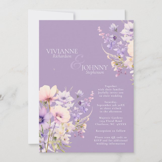 Garden Wildblumen Lavender Wedding QR Code Einladung (Vorderseite)