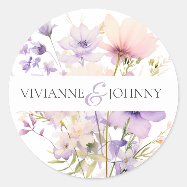 Garden Wildblumen Lila Lavendel Lila Hochzeit Runder Aufkleber (Vorderseite)
