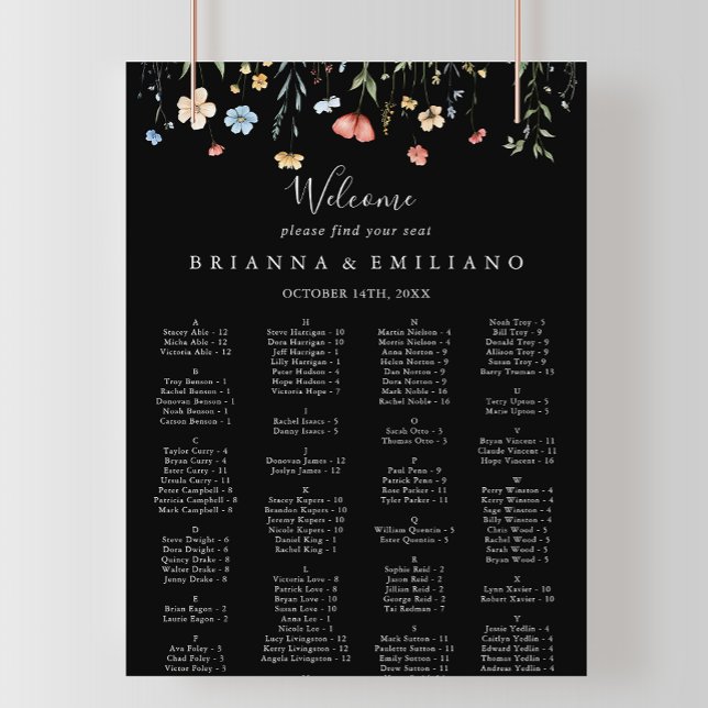 Garden wildflower Black Alphabetical Seating Chart Poster (Von Creator hochgeladen)