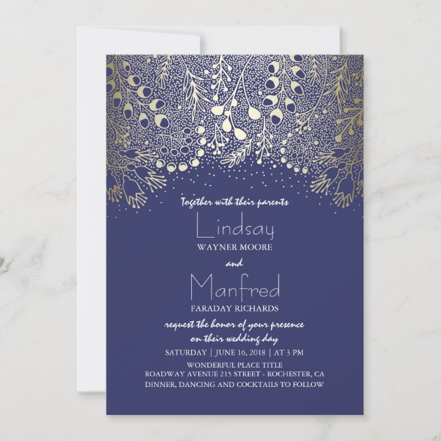 Garden Wonderland - Hochzeit der Navy Woodland Flo Einladung (Vorderseite)