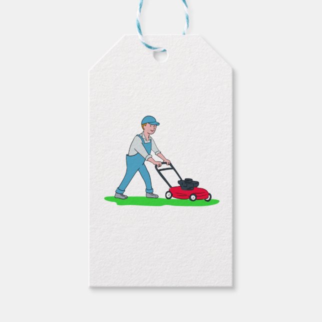 Gardener Mowing Lawn Cartoon Geschenkanhänger (Vorderseite)