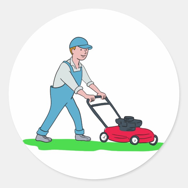 Gardener Mowing Lawn Cartoon Runder Aufkleber (Vorderseite)