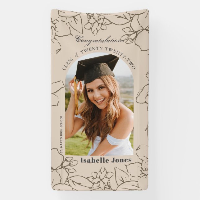 Gardenia Arc Floral Tan Photo Graduation Bannière (Verticale)