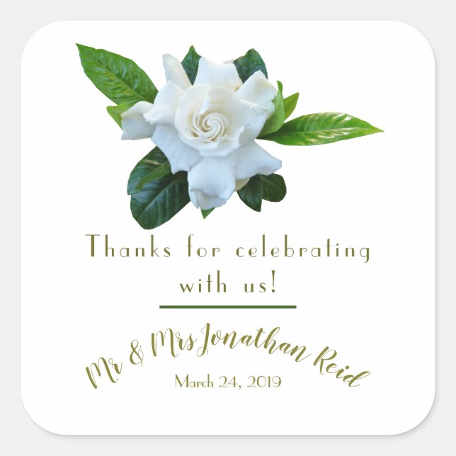 Gardenia Greenery Full Bloom Wedding Quadratischer Aufkleber (Vorderseite)