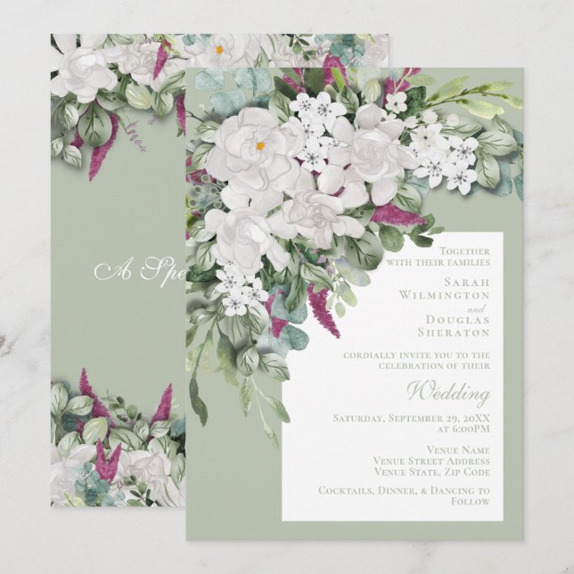 Gardenia/Snapdragon Wedding Sage Einladung (Vorne/Hinten)