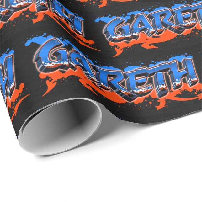Gareth Vorname Name Graffiti blue orange Geschenkpapier (Rolleneckpunkt)