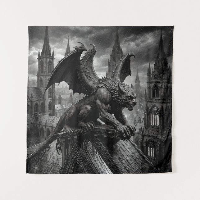 Gargoyle Awakening auf dem Rain-Soaked Dom Dach Wandteppich (Vorderseite)