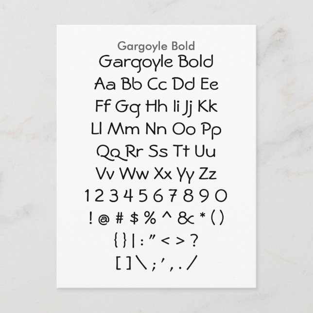 Gargoyle Bold - Zazzle Schriftart Sampler Sheet Postkarte (Vorderseite)