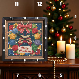 Garn-Kranz-Stricken Frohe Weihnachten Quadratische Wanduhr