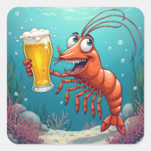 Garnelen mit einem Glas Bier unter Wasser Quadratischer Aufkleber