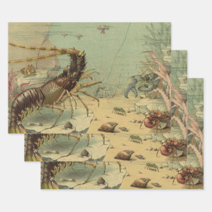 Garnelen, Unterwasser-Meeresleben, Vintage-Meeresl Geschenkpapier Set