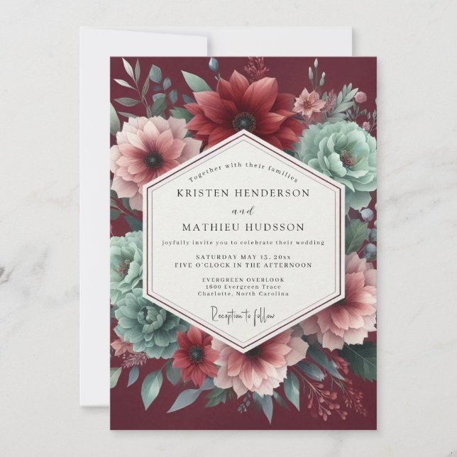 Garnet Teal Dramatic Wedding Einladung (Vorderseite)