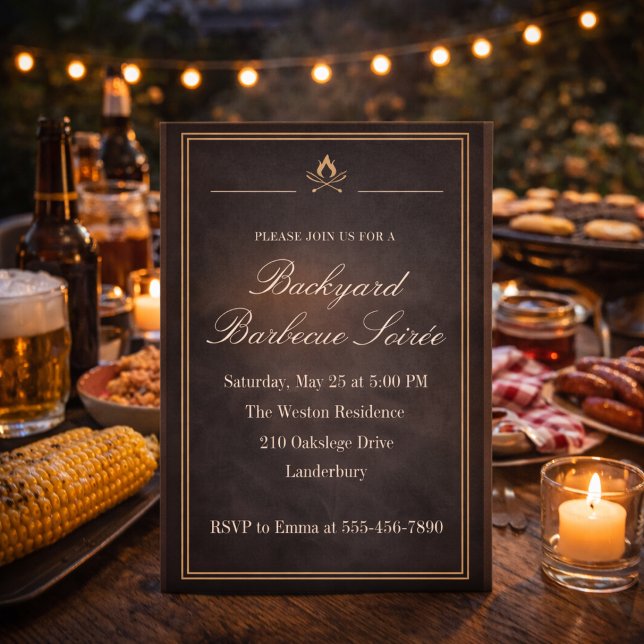 Garten-BBQ-Soirée Einladung (Charcoal backyard BBQ soirée with firelight detail for a refined evening cookout)