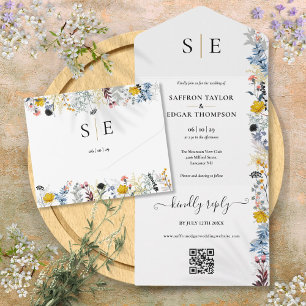 Garten Blumen QR Code Elegantes Monogramm Hochzeit All In One Einladung